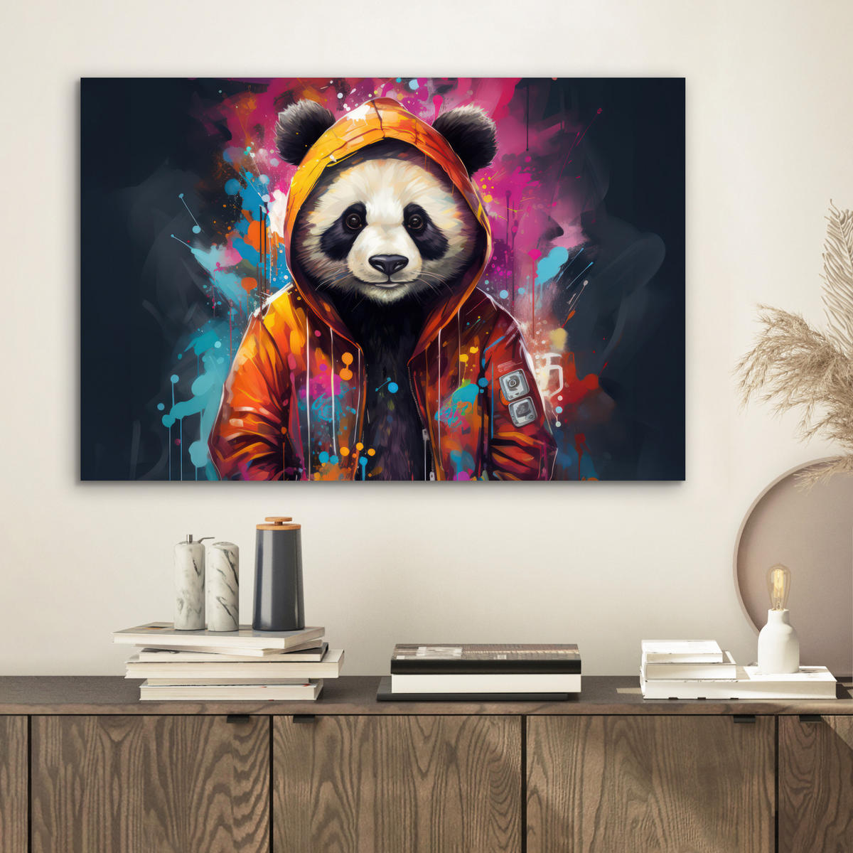 METALLBILD Panda - Jacke - Graffiti - Orange 60x40 cm - Orange, Metall (60/40cm) - MuchoWow