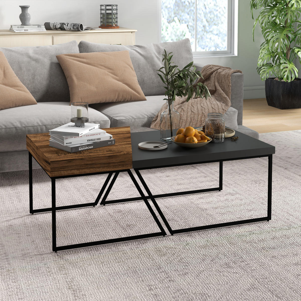 COUCHTISCH 2er-Set, Beistelltisch mit Stahlrahmen, Wohnzimmertisch, Schwarz - Schwarz, Holzwerkstoff (80/60/42cm) - HOMCOM