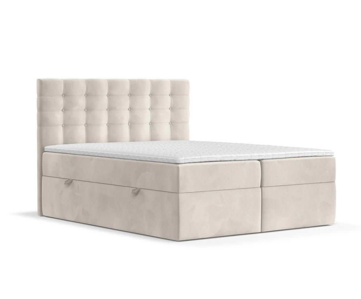 BOXBETT Sansa Hellbeige 120/200 cm mit Taschenmatratze und Topper - Beige/Schwarz, Holz/Holzwerkstoff (120/200cm) - Maison de Reve
