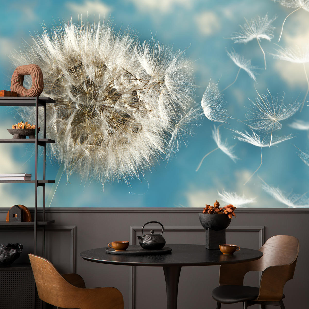 FOTOTAPETE für Schlafzimmer Löwenzahn im Wind Leicht Dynamisch 300x210 - Blau/Beige, Papier (300/210cm) - Muralo