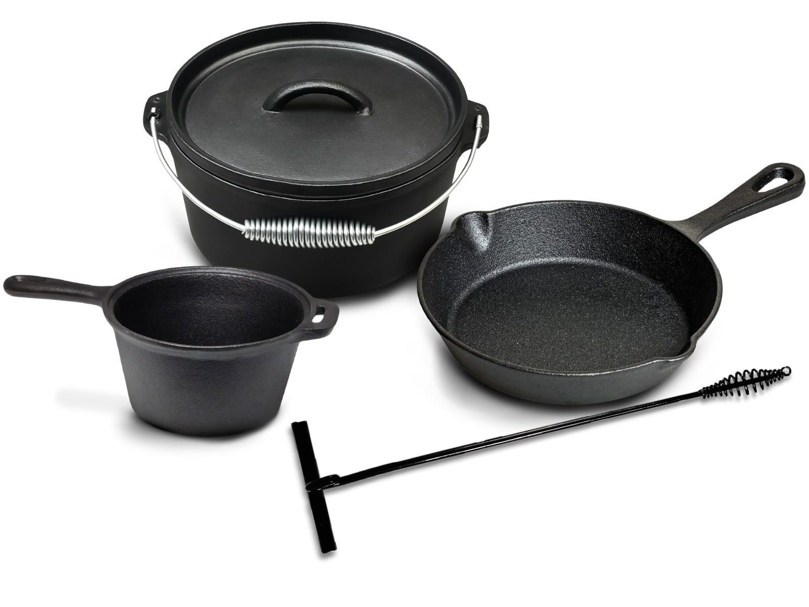 PFANNENSET Dutch Oven BBQ Set Gusseisen - Bräter + Lifter, Bratpfanne ø 20 cm & Steelpan 18 cm - 4-teilig - Schwarz, Keramik (1/2/2cm) - Blackwell