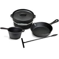 PFANNENSET Dutch Oven BBQ Set Gusseisen - Bräter + Lifter, Bratpfanne ø 20 cm & Steelpan 18 cm - 4-teilig - Schwarz, Keramik (1/2/2cm) - Blackwell