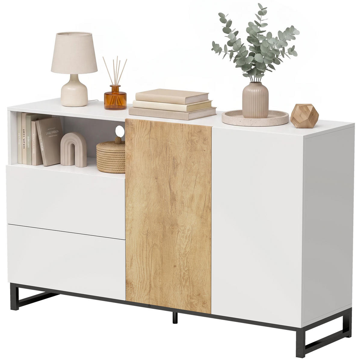 SIDEBOARD Weiß Eichefarben 140/40/85 cm - Ahornfarben/Schwarz, Metall (40/85/140cm) - PANGIVO