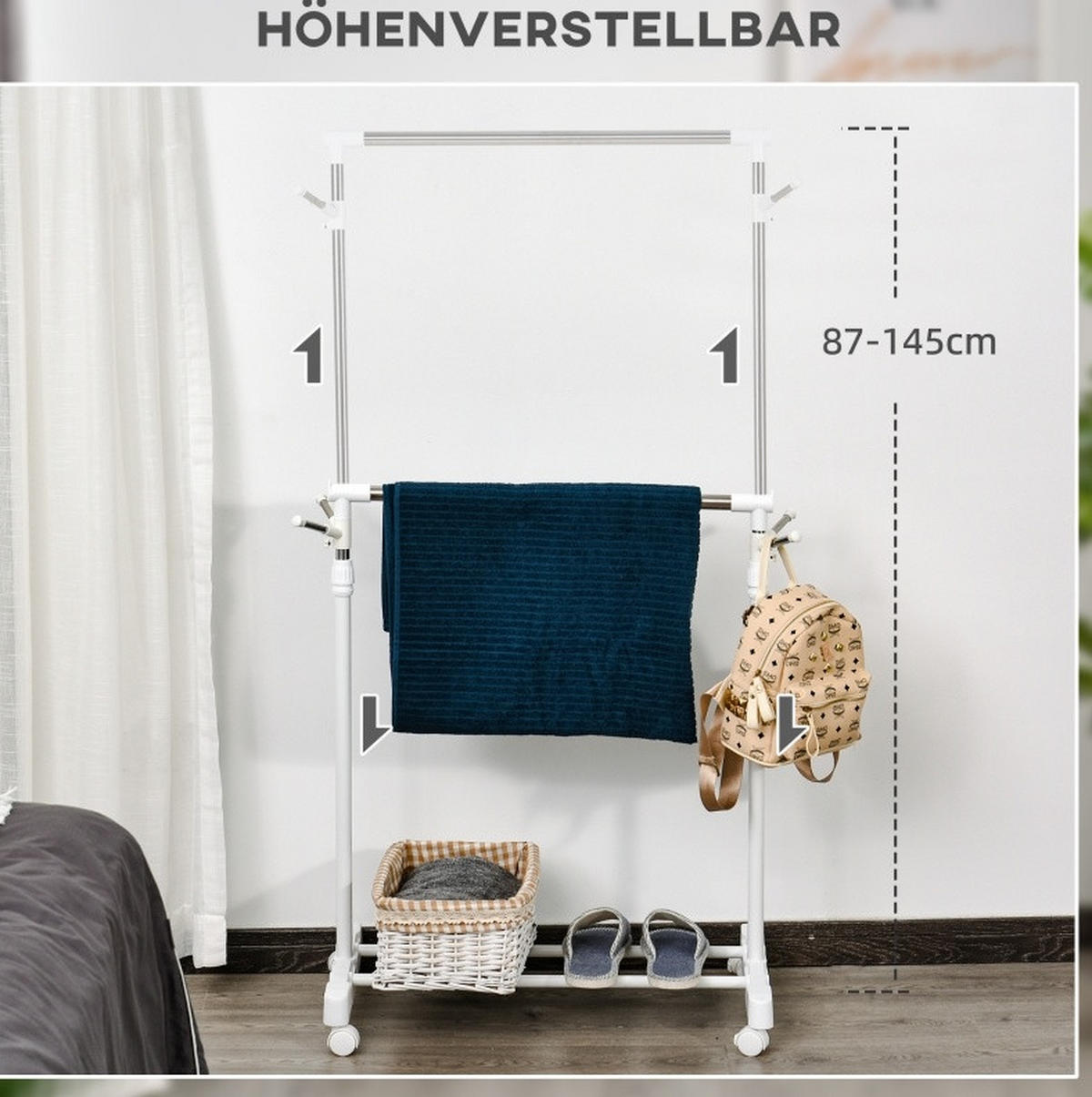 KLEIDERSTÄNDER 68,5/87-145/42 cm Weiß aus Edelstahl mit Rollen - Weiß, Metall (42/145/68.5cm) - OKMYHOME