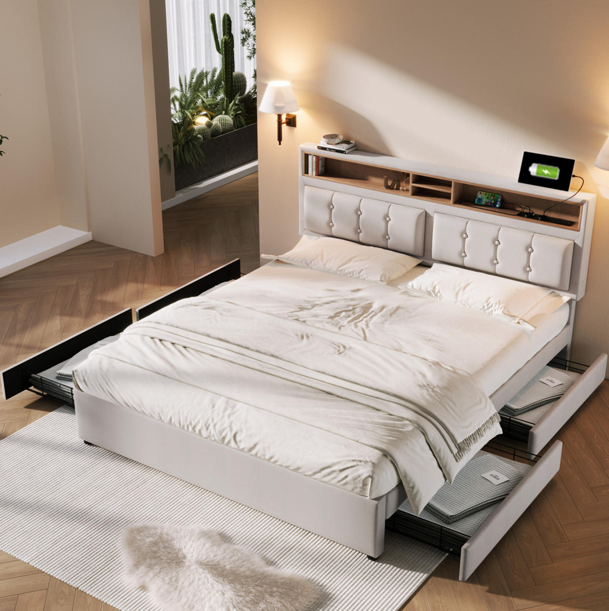 POLSTERBETT 140/200 cm Beige aus Leinen mit 4 Schubladen - Beige, Textil (140/200cm) - OKMYHOME