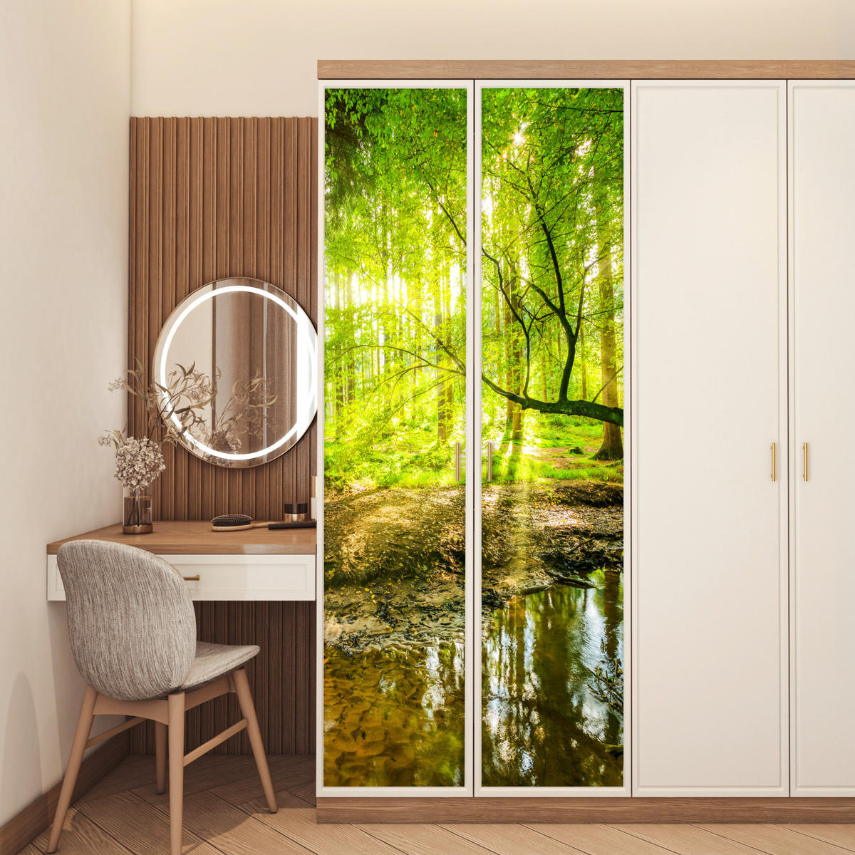 TÜRAUFKLEBER Wald - Landschaft - Wasser - Bäume - Sonne - Grün - Natur 80x215 cm - Türtapete - Hellgrün, Kunststoff (80/0.1cm) - MuchoWow