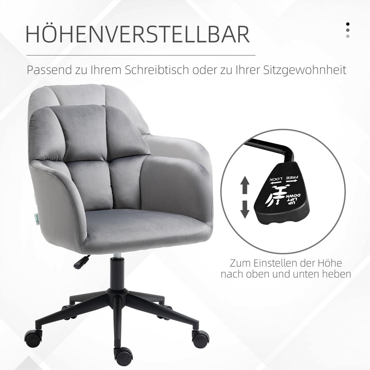 BÜROSTUHL mit Rollen, Höhenverstellbarer Schreibtischstuhl mit Samt-Optik Grau - Dunkelgrau, Kunststoff (58.5/86/58cm) - Vinsetto
