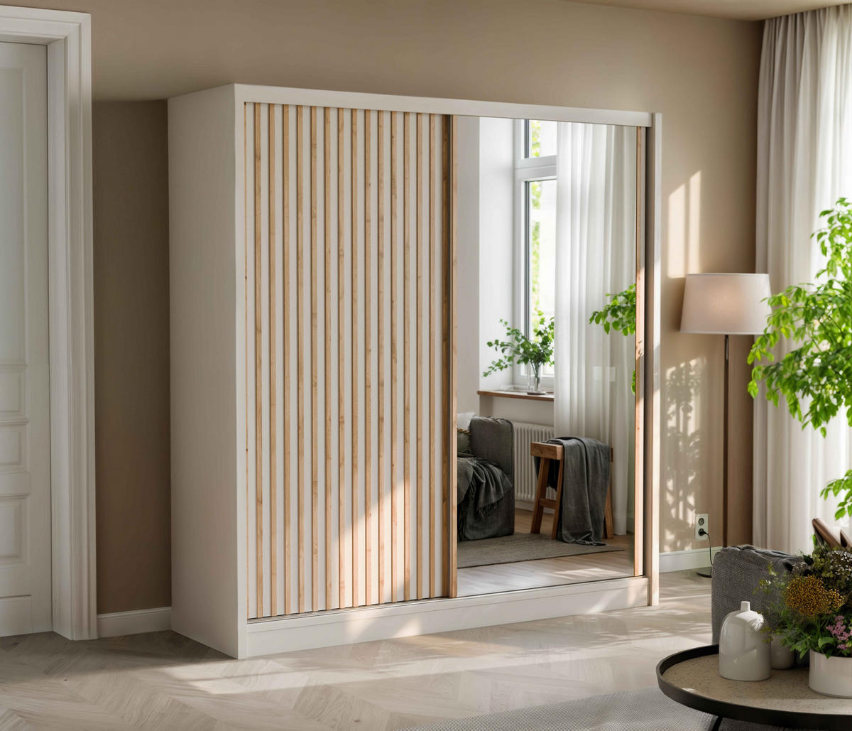 SCHWEBETÜRENSCHRANK SORA 203/215/60,5 cm 2-türig mit Spiegel Kaschmir - Kaschmir, Holzwerkstoff (203/215/60.5cm) - MASSENO