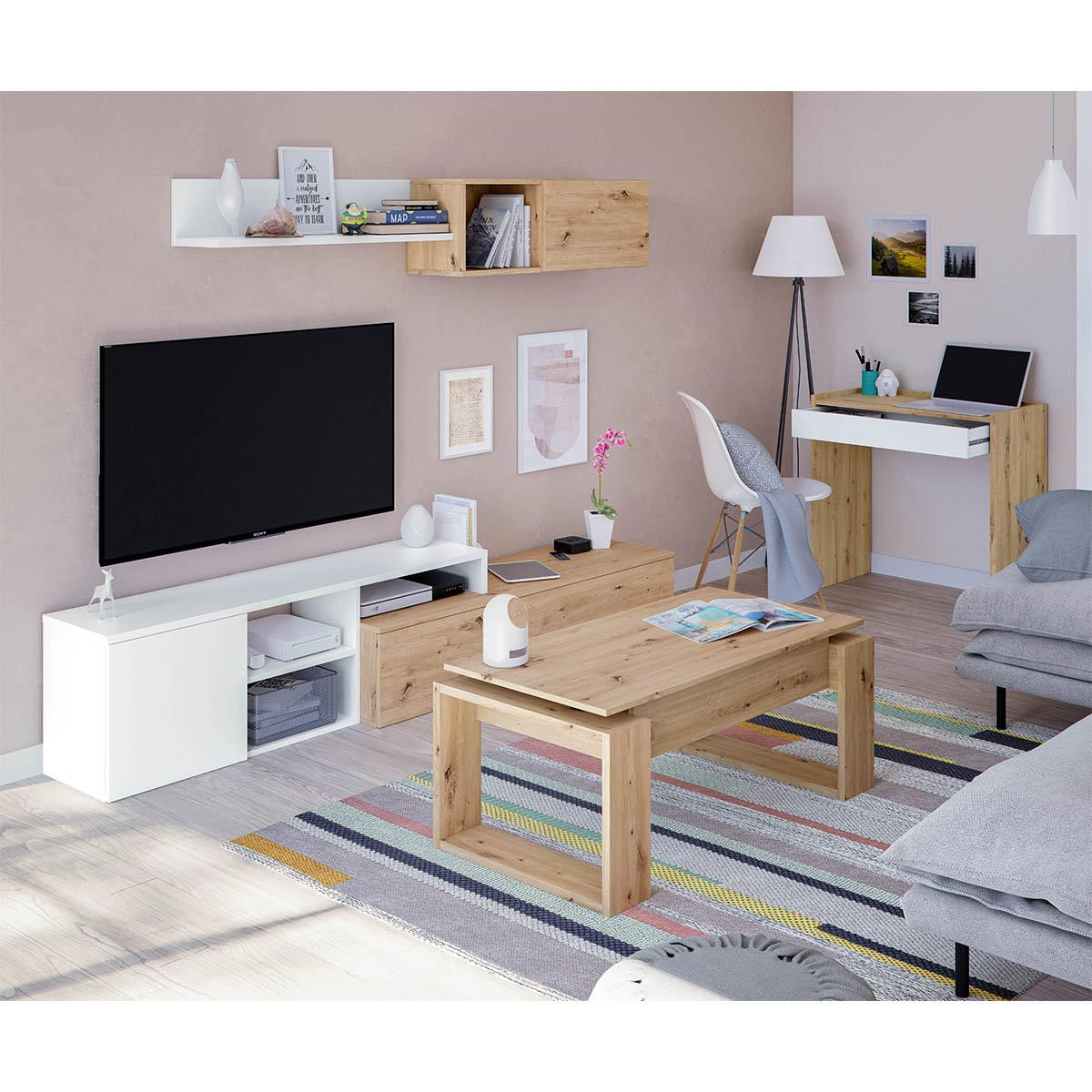 DESIGN Couchtisch mit hochklappbarer Tischplatte L102 cm - Ciara - Eiche Artisan, Holzwerkstoff (102/50/43cm) - Calicosy