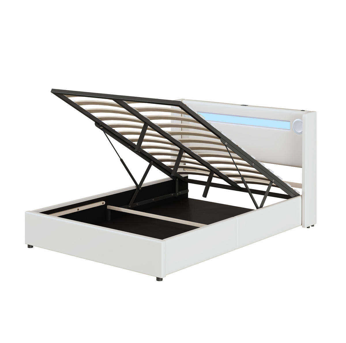 POLSTERBETT 140/200 cm mit LED-Beleuchtung, Bluetooth-Lautsprecher, USB-Anschlüssen und hydraulischem Bettkasten, Weiß - Weiß, Kunststoff (140/200cm) - Redom