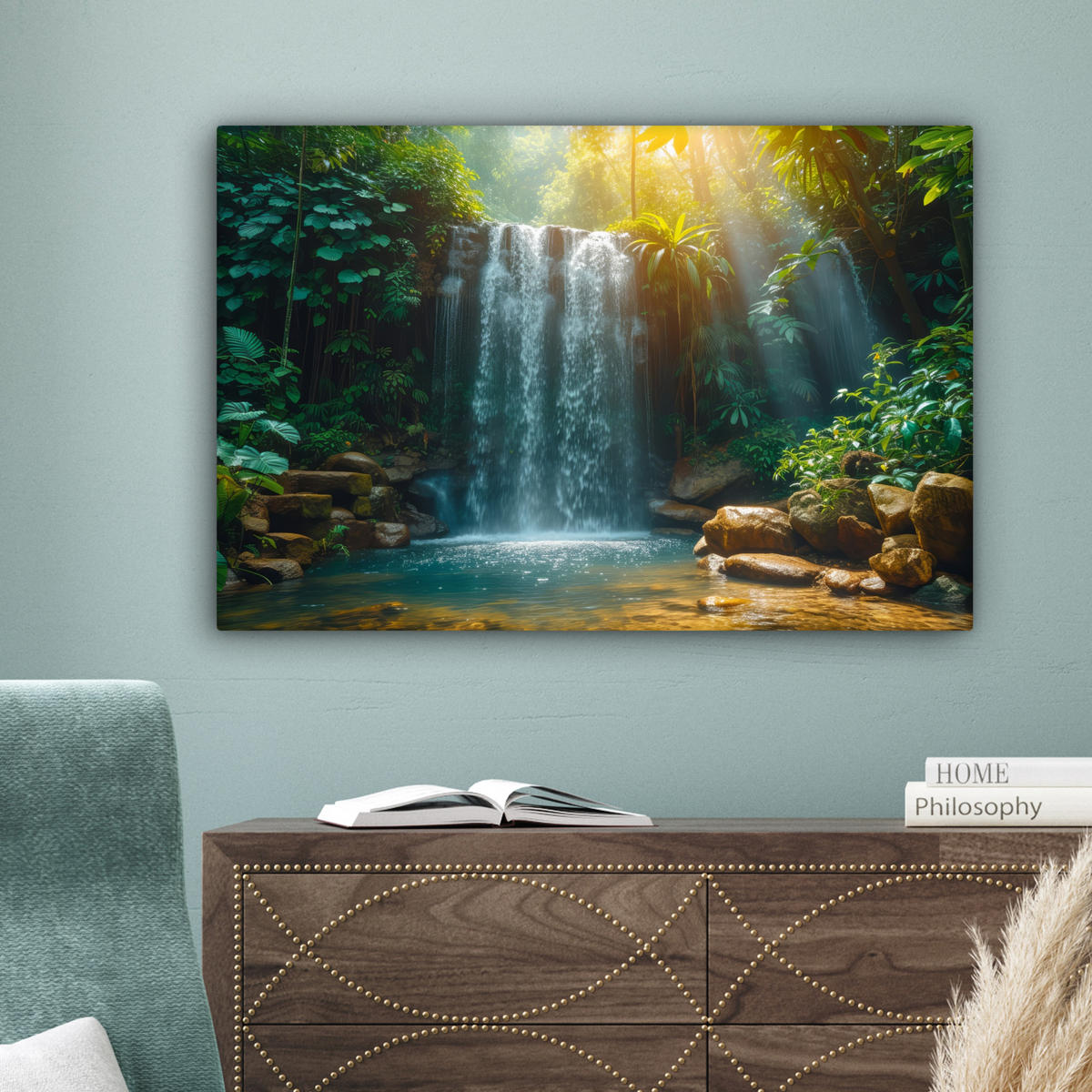 LEINWANDBILD Wasserfall - Dschungel - Sonne - Grün - Natur Wanddeko 90x60 cm - Grün, Textil (90/60cm) - MuchoWow