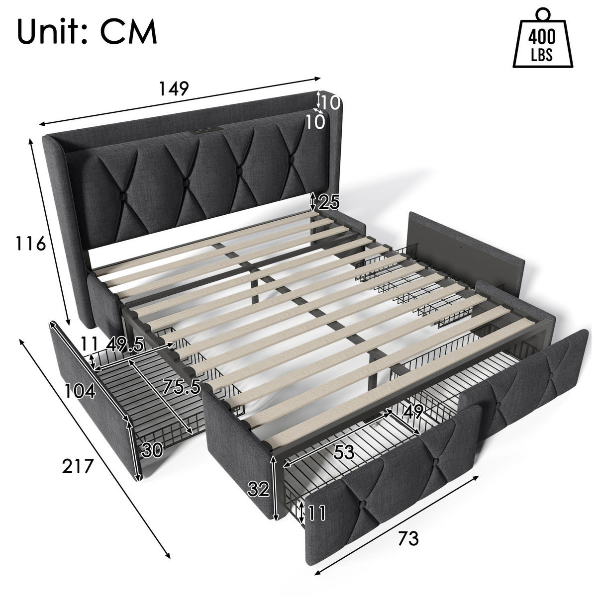 BETT mit USB und 4 Schubladen 140x200 cm Leinen Grau - Grau, Metall (140/200cm) - Meubliv