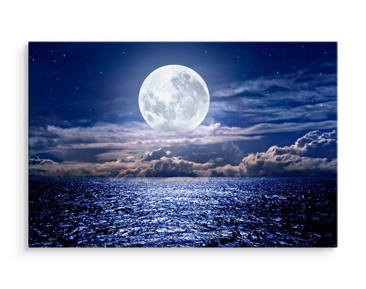 LEINWANDBILD Vollmond am Meer Landschaft 3D 120x80cm - Blau/Weiß, Textil (120/80cm) - Muralo