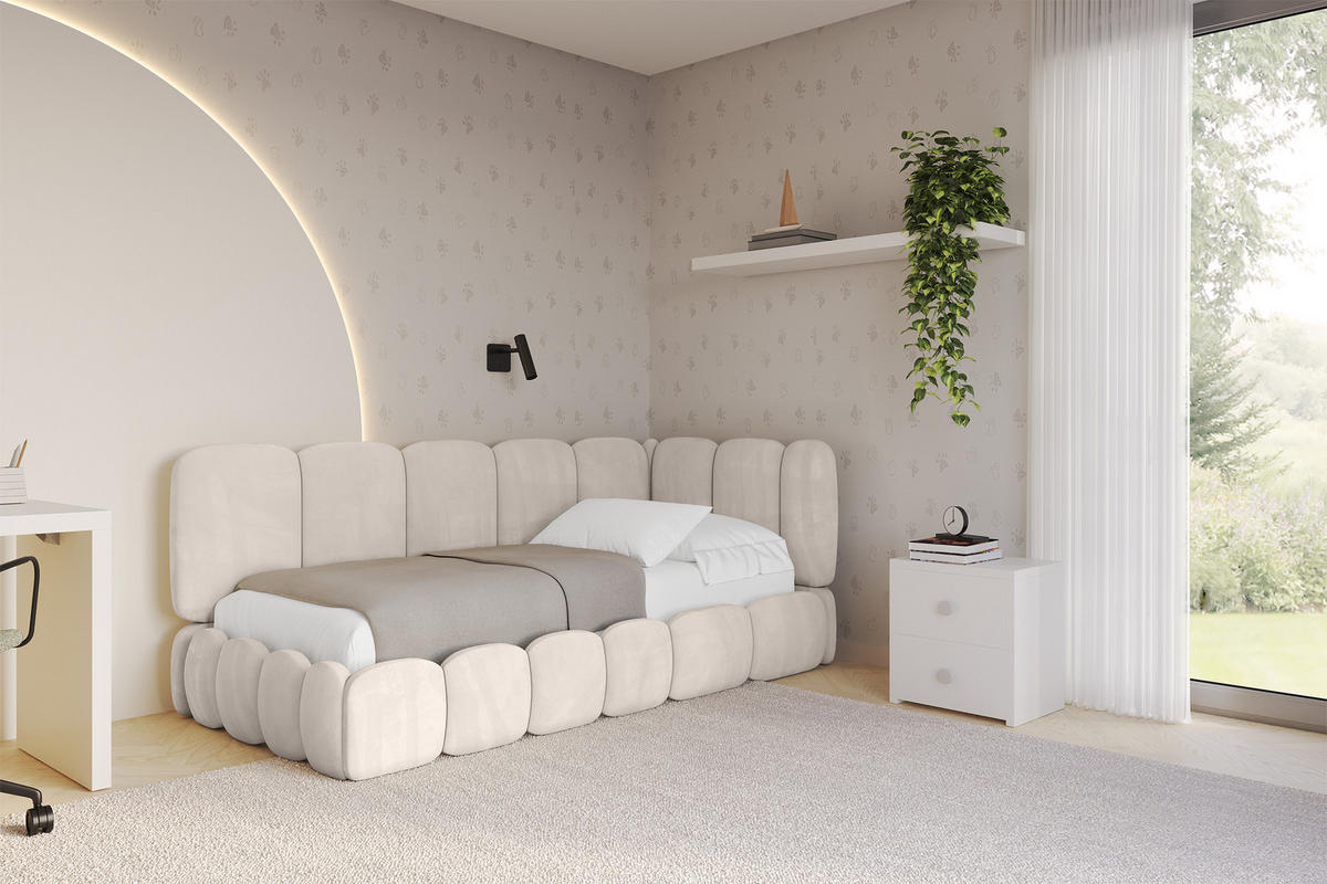 EINZELLBETT Jugendbett mit Bettkasten und Matratze H3/H4, Links - AVRY 80x200 Beige - Ecru, Holzwerkstoff/Textil (80/200cm) - ALTDECOR