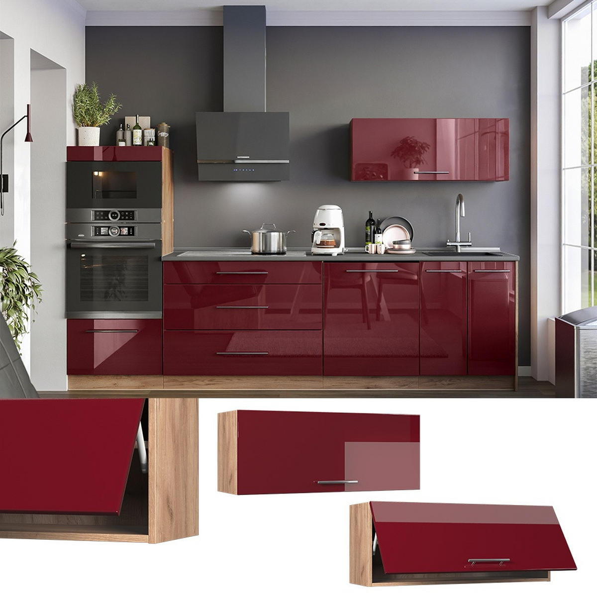 HÄNGESCHRANK Fame-Line, Bordeaux Hochglanz/Goldkraft Eiche, 100 cm - Eichefarben/Bordeaux, Holzwerkstoff (100/40/34.1cm) - Vicco