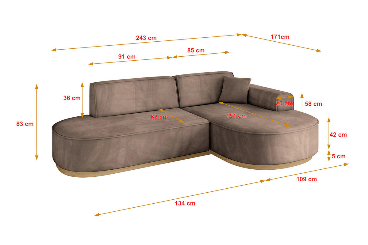 ECKSOFA Ottomane Rechts MARI-L1-v2 - 243x171x83 cm Braun Velours - Braun, Holzwerkstoff/Textil (171/243cm) - ALTDECOR