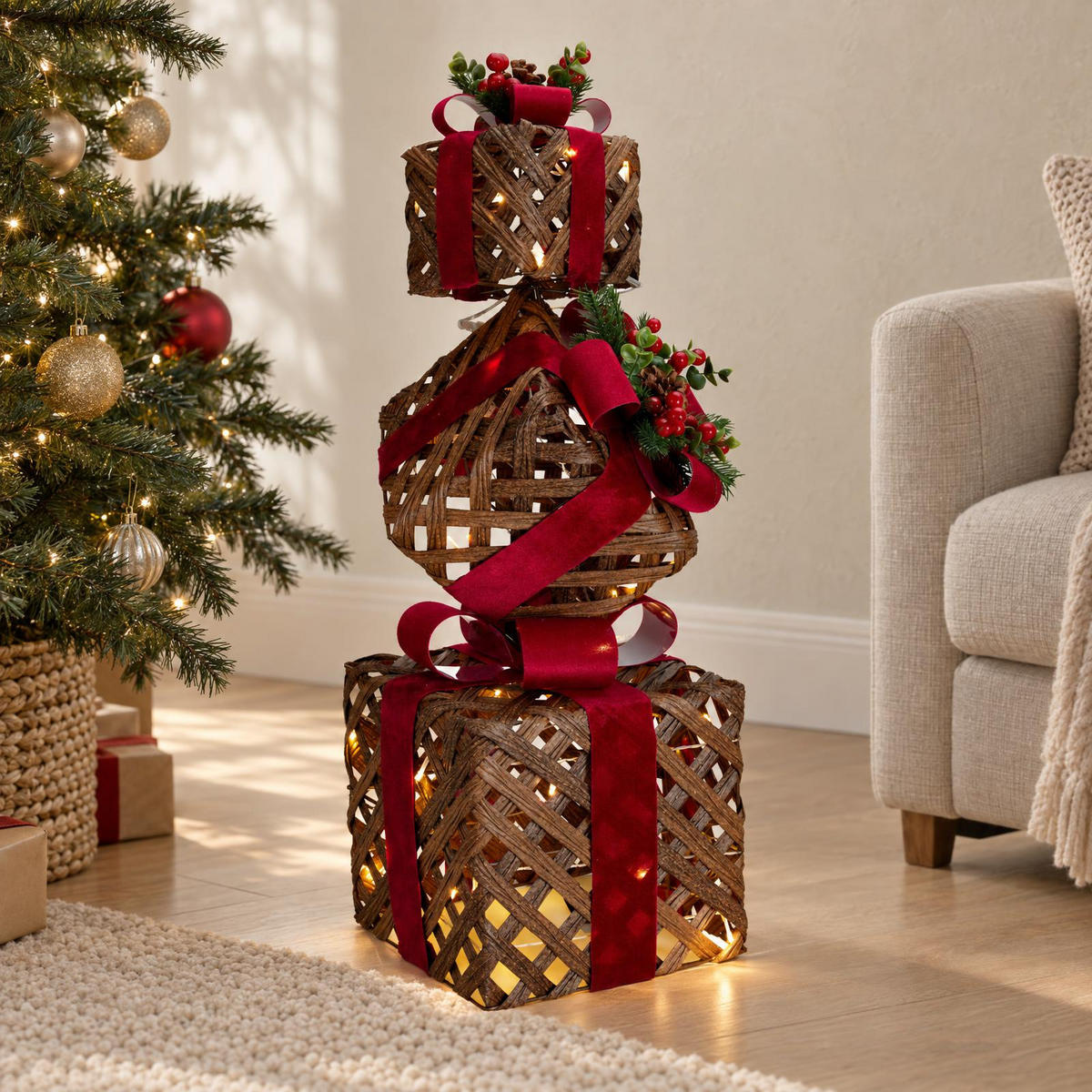 LICHTDEKORATION mit mehrstöckigen Geschenken 25/25/73 cm - Braun, Metall (25/73/25cm) - Home Styling Collection