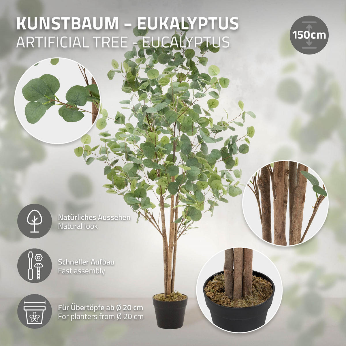 KUNSTPFLANZE Eukalyptus - Anthrazit/Grün, Holz/Kunststoff (150cm) - ML-DESIGN