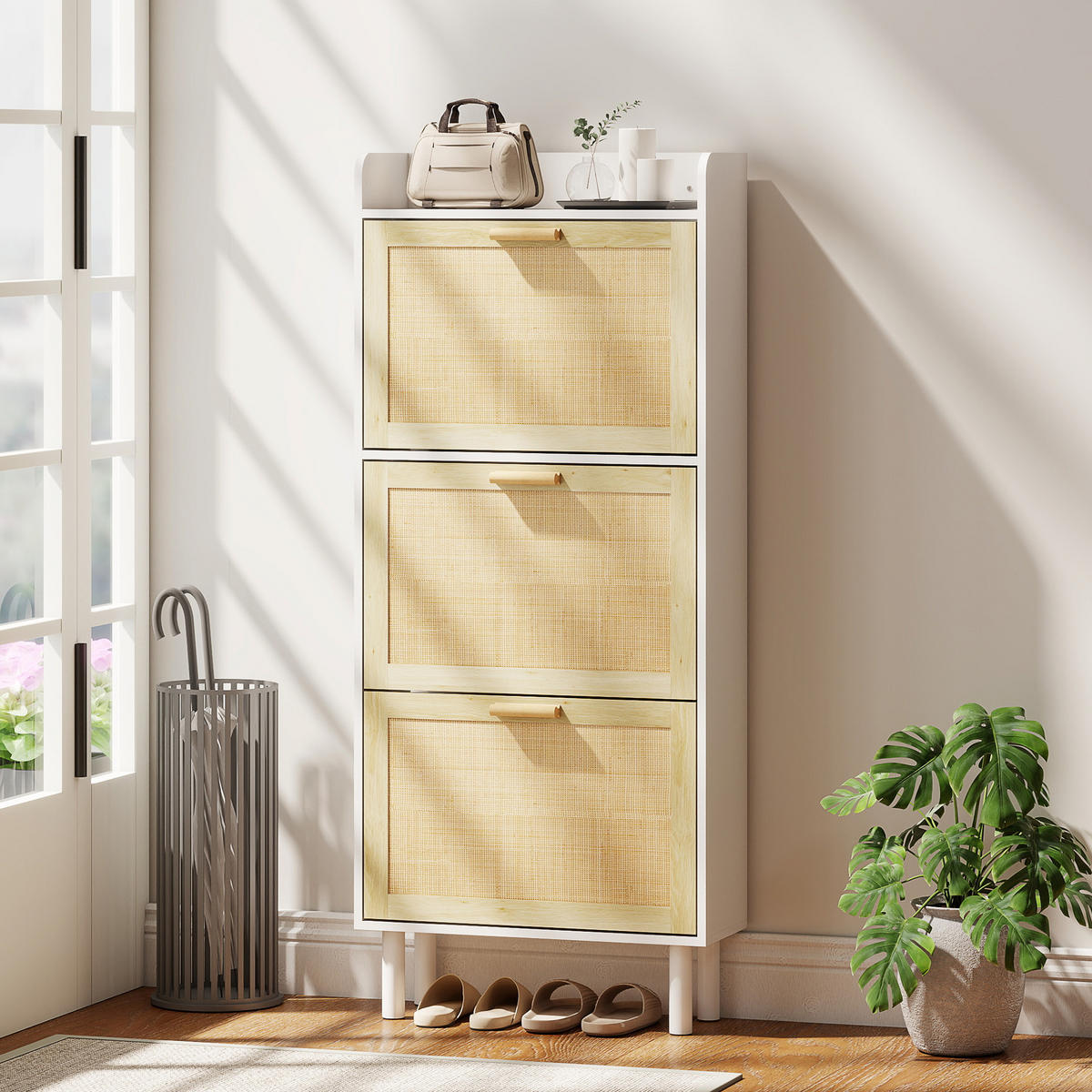 SCHUHSCHRANK DE-15057 3 Klapptüren mit geflochtener Resin-Optik Natur - Weiß, Holzwerkstoff (65/153/24.5cm) - ComfortXL