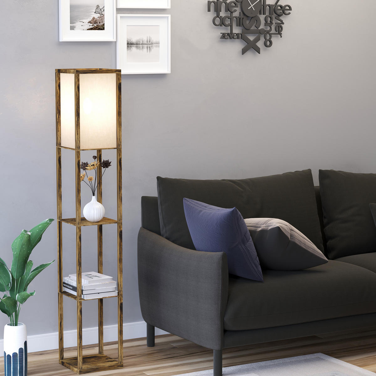 STEHLAMPE mit Regalen, Wohnzimmer Stehleuchte E27 bis 40W, Nachttischlampe - Braun, Textil (26/26/160cm) - HOMCOM