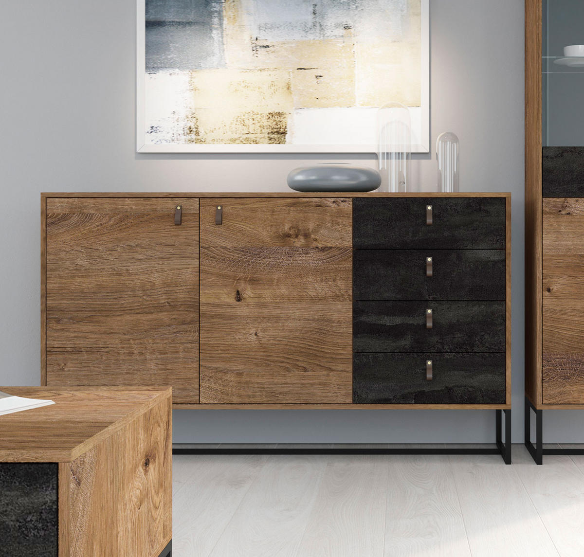 SIDEBOARD Dark Eiche Ribbeck / black stone 153 / 39 / 89cm - Eichefarben/Schwarz, Holzwerkstoff (153/89/39cm) - Feldmann-Wohnen