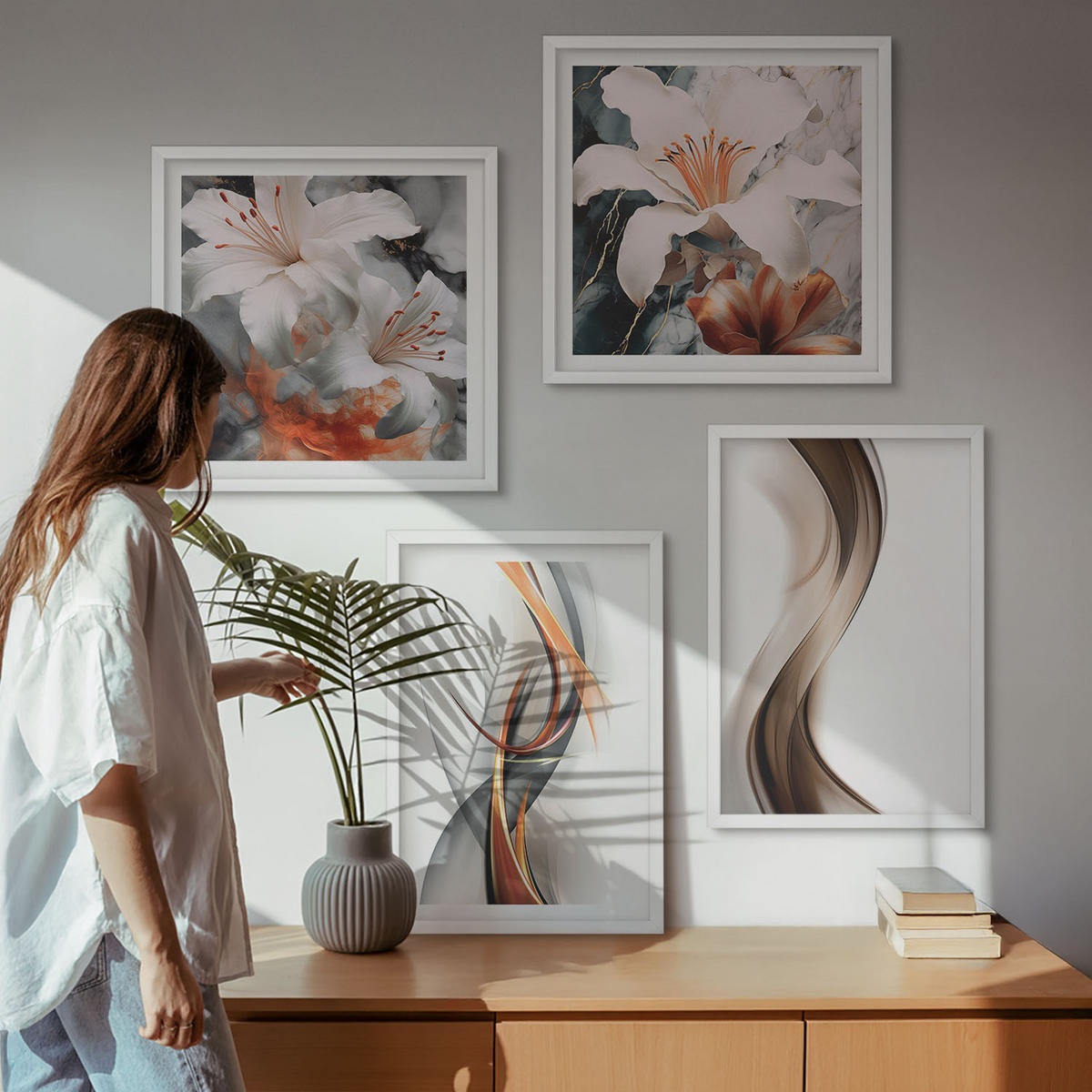 BILDER SET 4er Set - 50x50 cm & 40x60 cm Weißer Rahmen - Gelbgrau-braune Wellen - Weiß, Kunststoff (50/50cm) - TULUP
