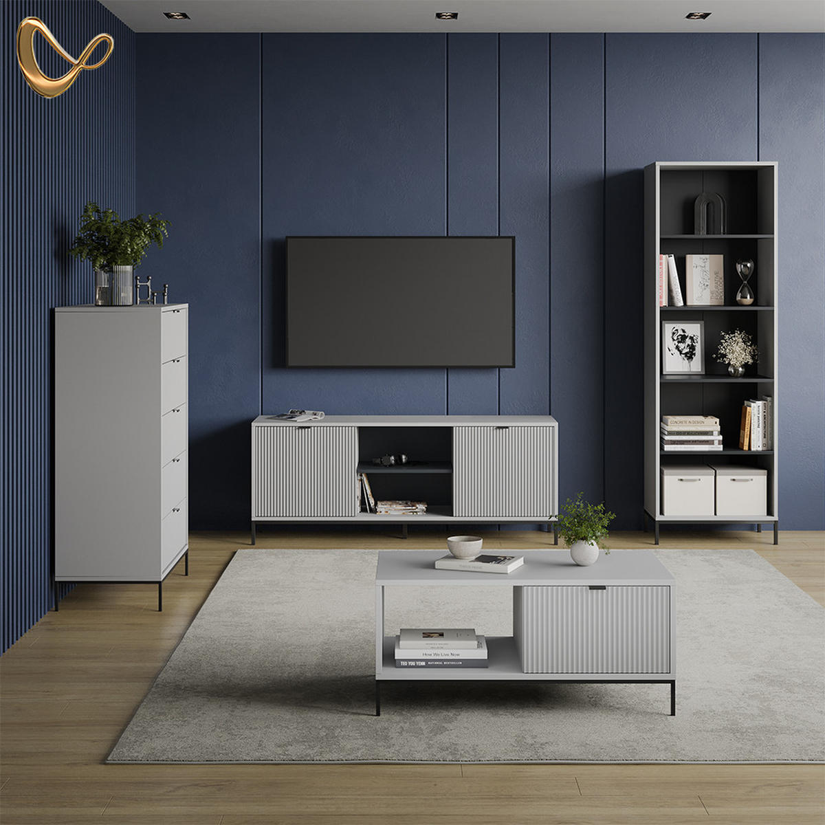 LOWBOARD Aterno Grau 150 x 60 cm mit 2 Türen - Grau, Holzwerkstoff (150/60/40.1cm) - Livinity®