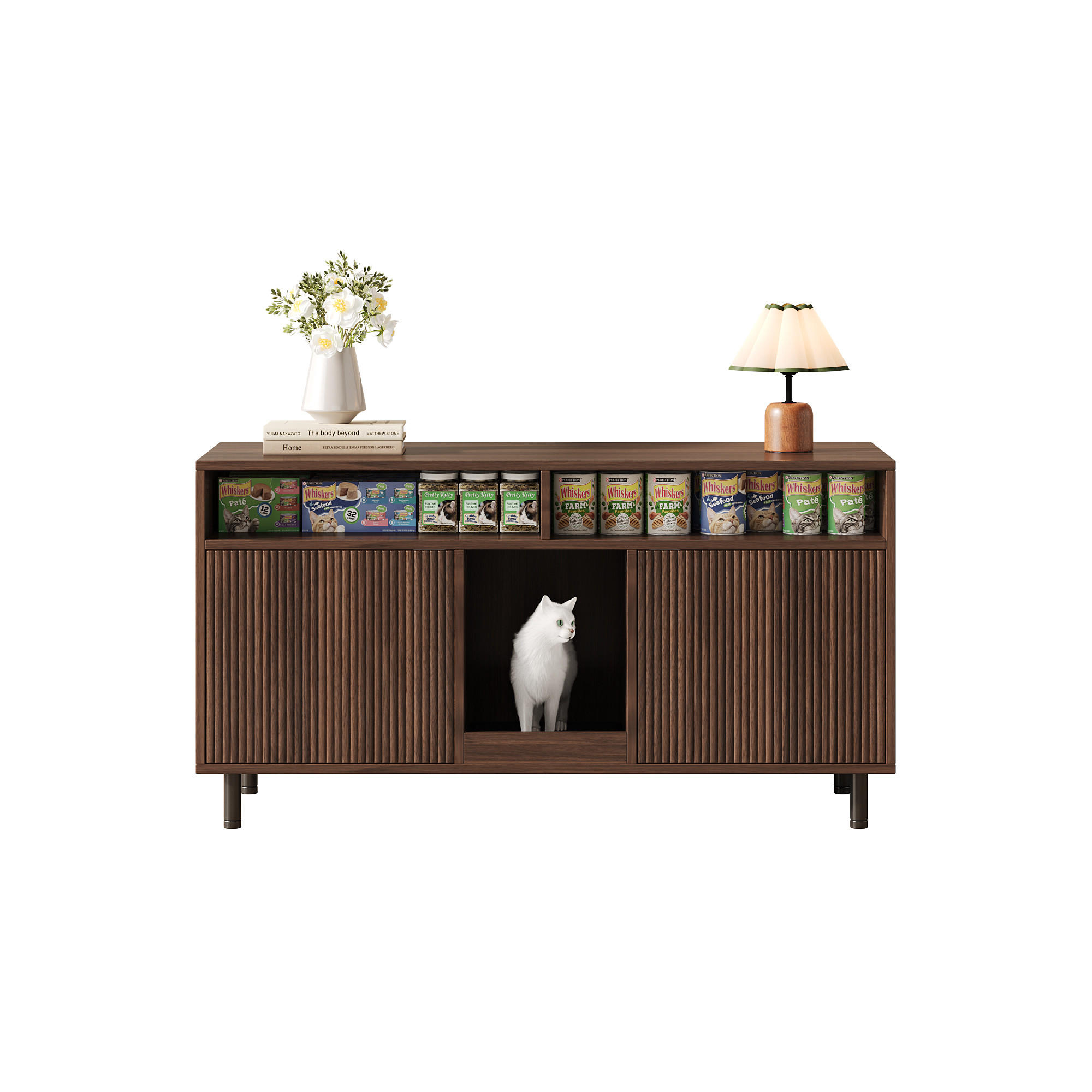 SIDEBOARD in Nussbaumfarben Katzentoiletten-Schrank mit Sandauffangmatte und Lagerbereich für Wohnzimmer, B120/T50/H66cm - Walnussfarben, Holzwerkstoff/Metall (120/66/50cm) - STILVORA