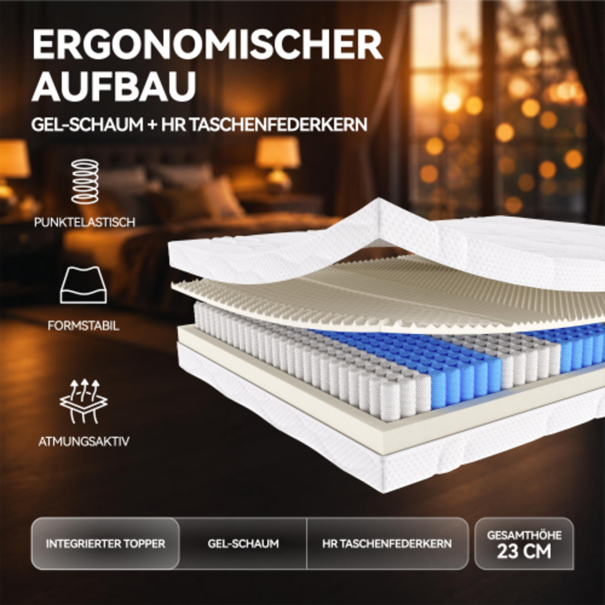 TASCHENFEDERKERNMATRATZE 180×200cm mit 7-Zonen-Schaum, beidseitigem Liegekomfort und abnehmbarem Bezug, weiß & grau - Weiß, Kunststoff - Luhomfu