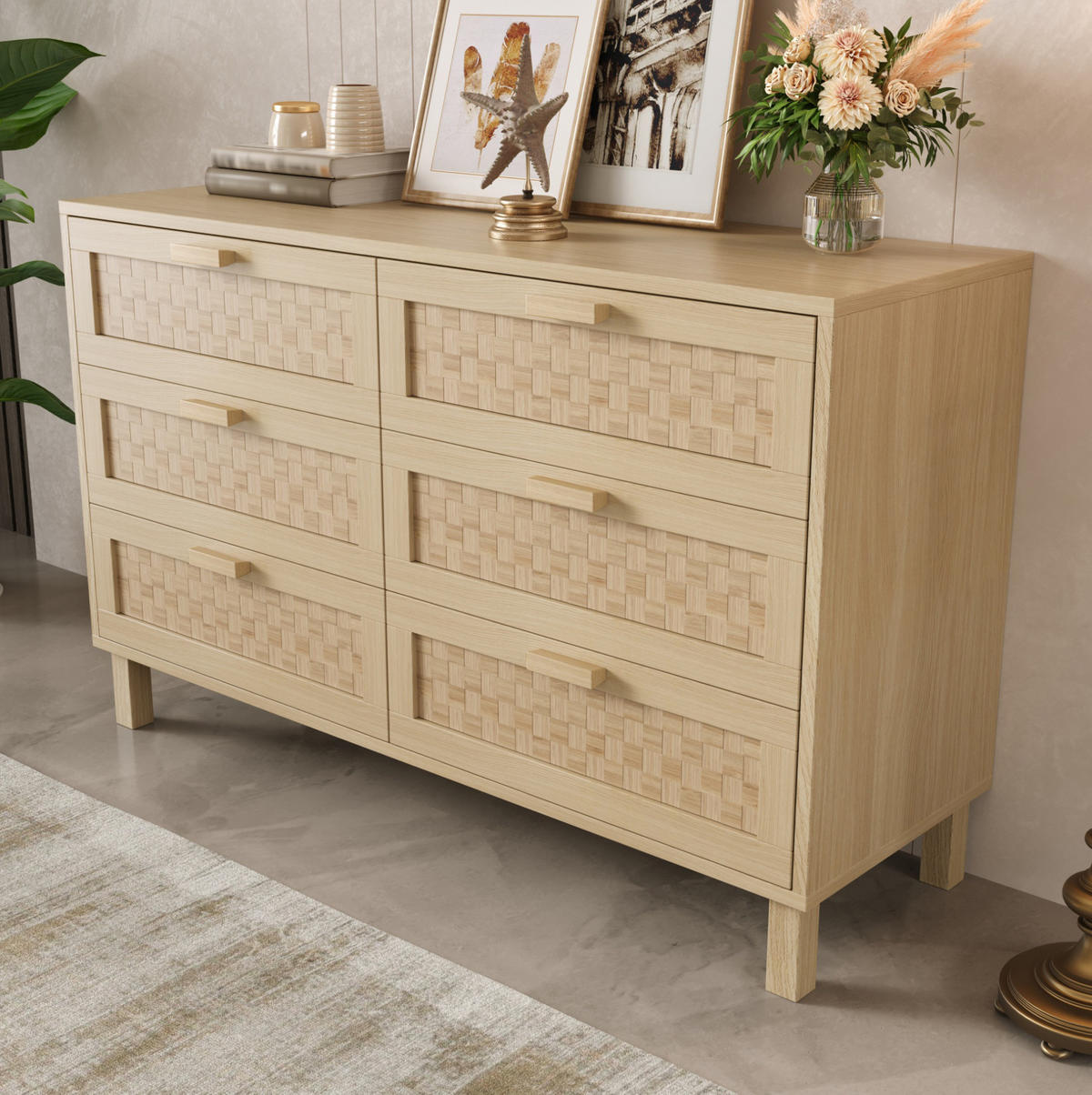 SIDEBOARD mit 6 Schubladen 120/40/75 cm in Naturfarbe mit Rattanoptik - Naturfarben, Holzwerkstoff (120/75/40cm) - BEAOK