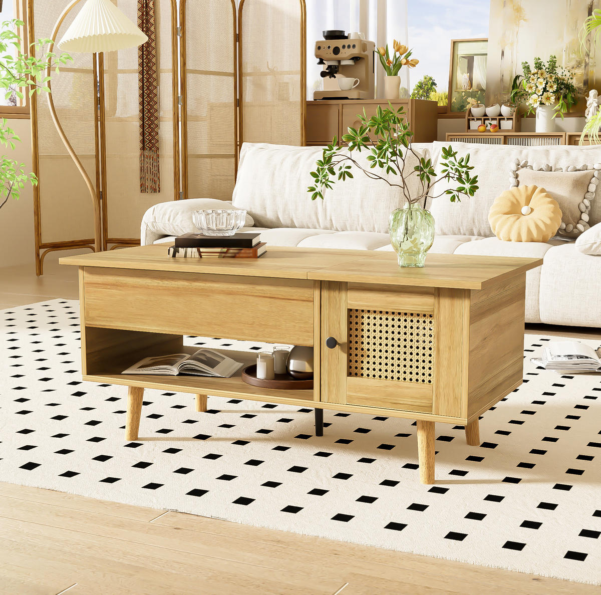 COUCHTISCH aus Spanplatte 103x50x60 cm Holzfarbe/Schwarz mit anhebbarer Tischplatte und Stauraum - Naturfarben, Holzwerkstoff (103/50/60cm) - IVMEU