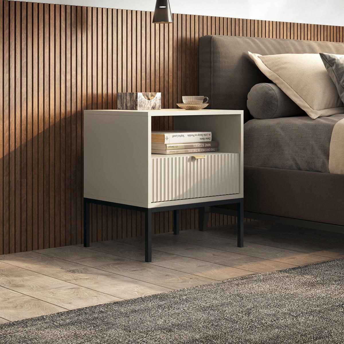 MODERNER Geriffelter Nachttisch KIOTO SN1SZ (Kaschmir, Schwarzes Gestell, Vollauszug) - Kaschmir/Goldfarben, Holz/Holzwerkstoff (54/56/39cm) - Ravio