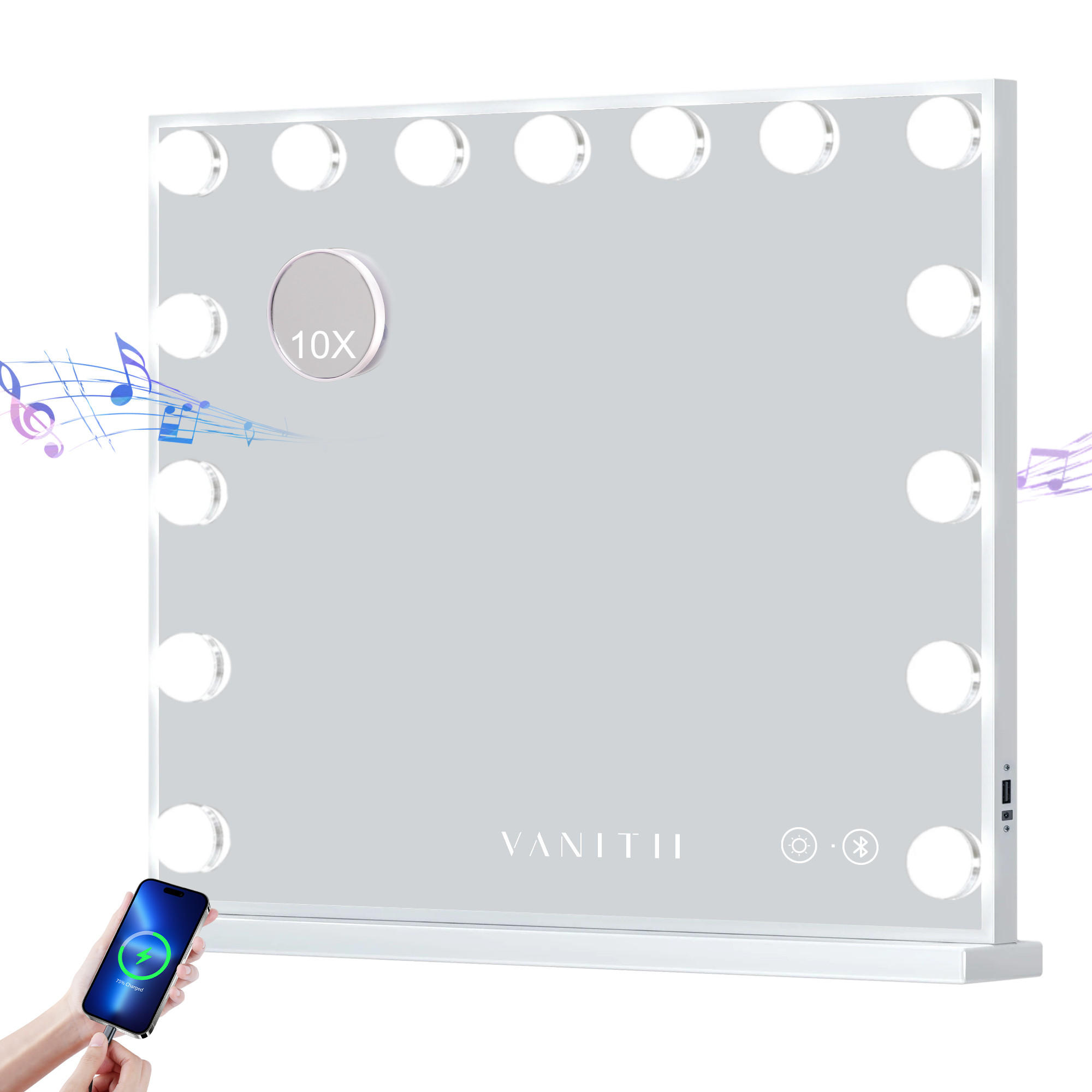 SCHMINKSPIEGEL mit LED-Beleuchtung und Bluetooth weiß 58/46 cm - Weiß, Metall (58/46/3cm) - VANITII