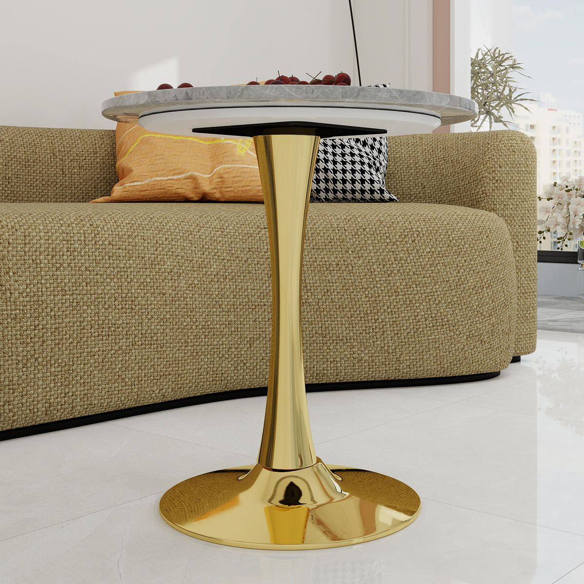 COUCHTISCH 70/70/72 cm Golden Rund mit Tischplatte aus Kunstmarmor - Goldfarben, Stein (70/70/72cm) - OKWISH