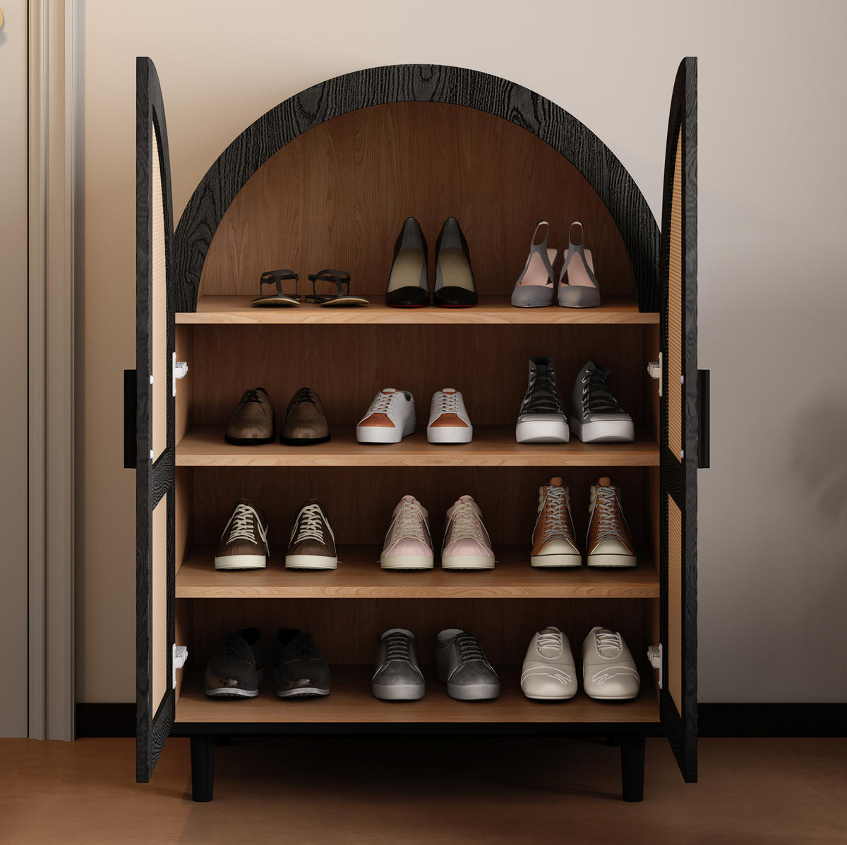 SCHUHSCHRANK 70/40/100 cm natur/schwarz aus MDF und Holzwerkstoff mit Rattantüren - Naturfarben, Holzwerkstoff (70/100/40cm) - OKWISH