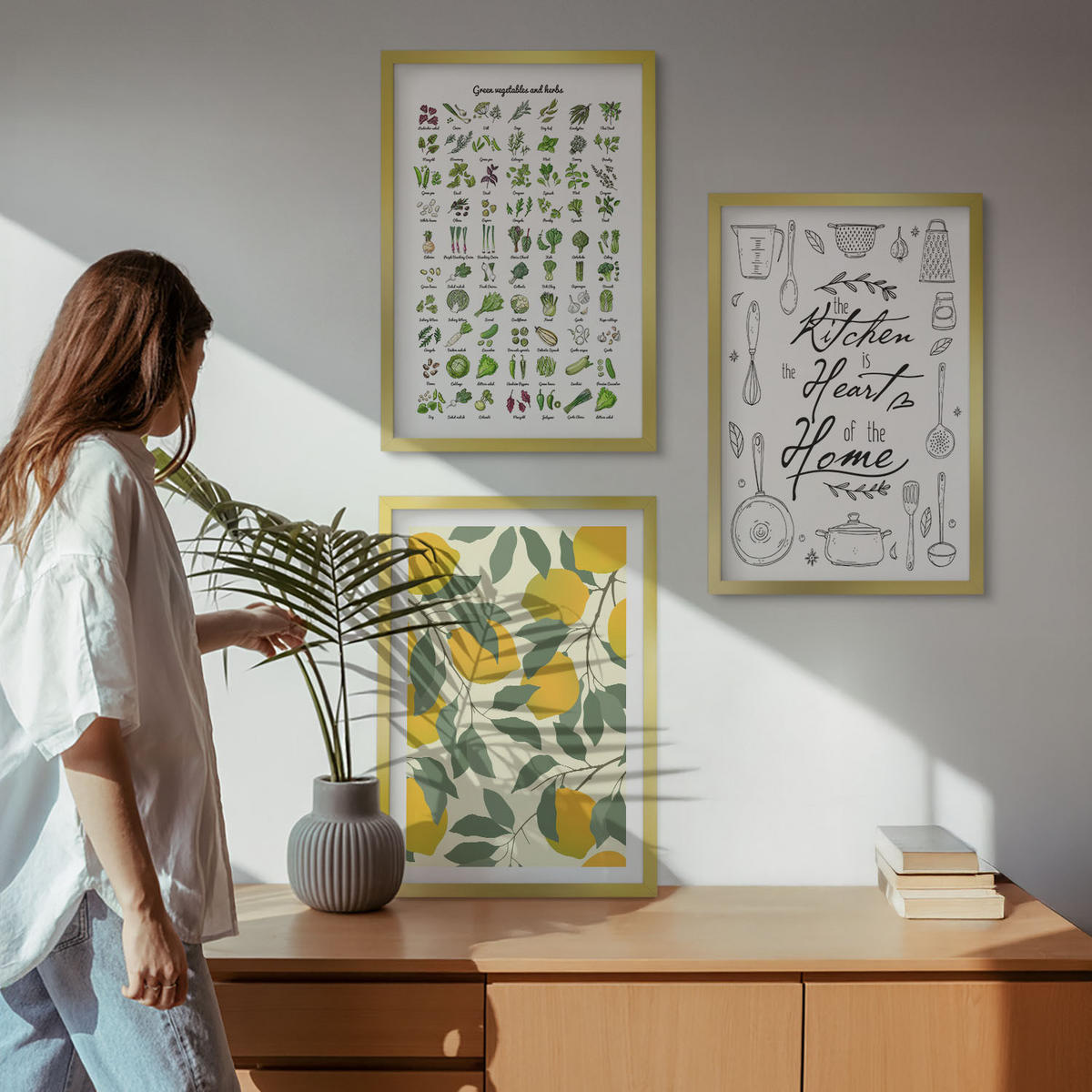 WANDBILDER 3er Set - 40x60 cm Goldrahmen - Bemalte Zitronen-Küchenkräuter - Goldfarben, Kunststoff (40/60cm) - ArtPrintCave