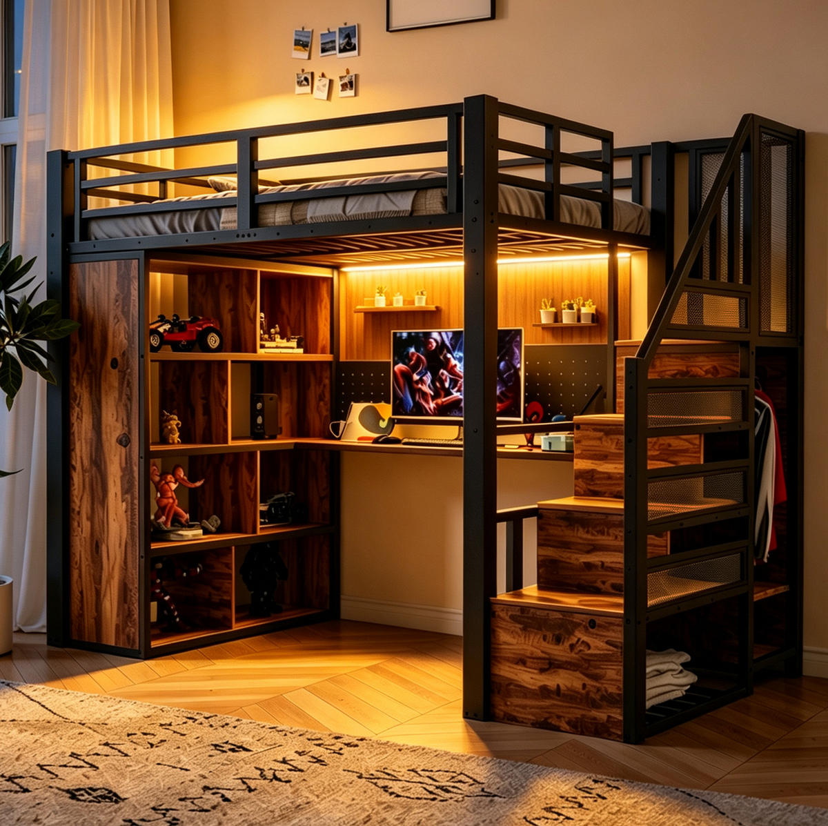 HOCHBETT 90/200 cm schwarz aus Metall und Holz mit Schreibtisch - Schwarz, Holzwerkstoff (90/200cm) - OKWISH