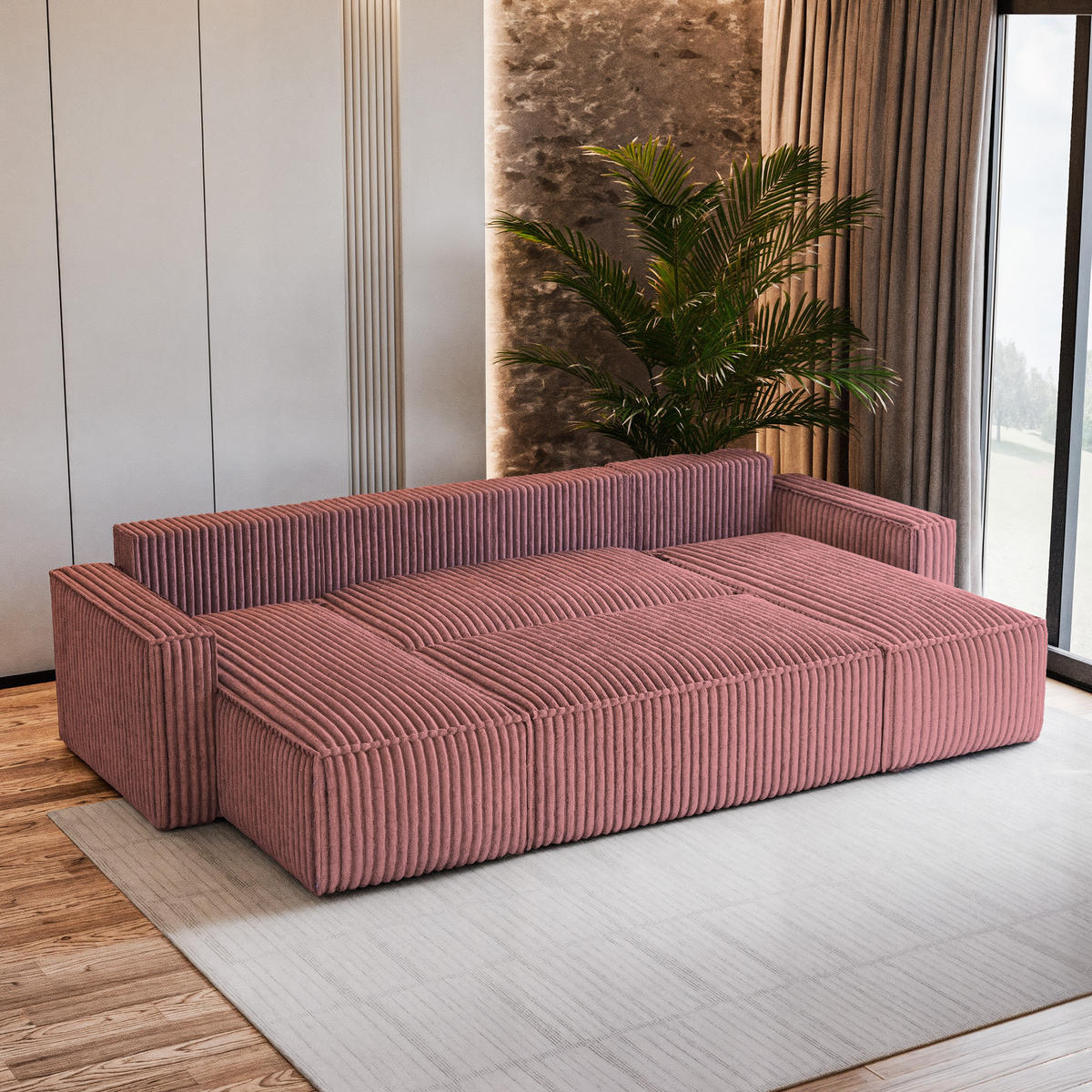 WOHNLANDSCHAFT PESANO T Rosa Kordstoff mit Schlaffunktion - Rosa, Holz (306/85/140cm) - MASSENO