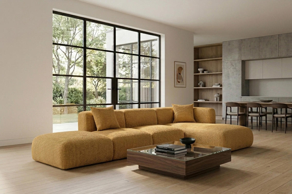 ECKSOFA L-Form mit Hocker, Chenille-Stoff Cremona, Golden, Rechts, GRETA - Goldfarben, Holz (386/179cm) - Kaiser Möbel