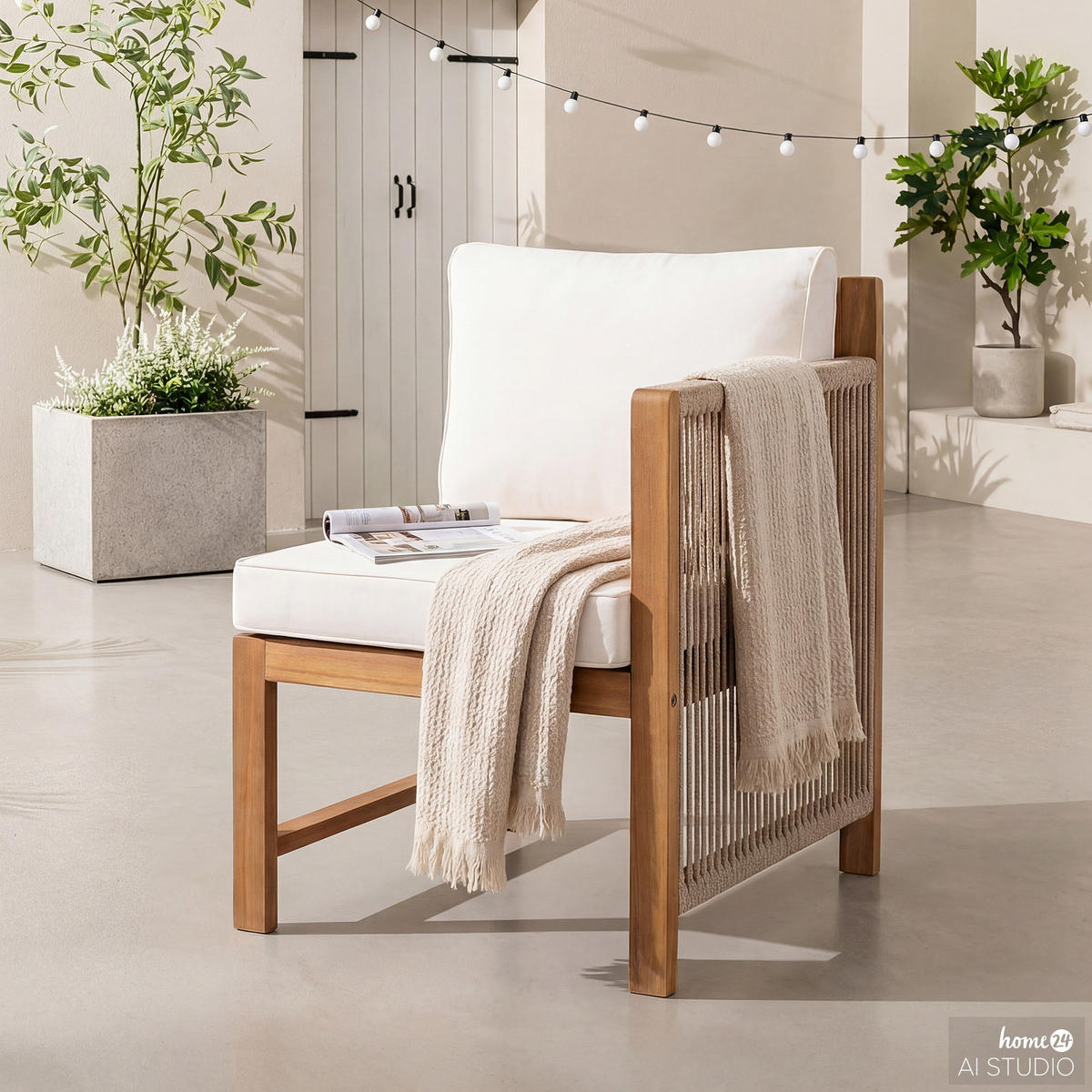 DININGSTUHL MIT 1 ARMLEHNE - Akazie massiv / Polyester - Braun / Beige - Beige/Braun, Holz/Textil (58/86/66cm) - home24