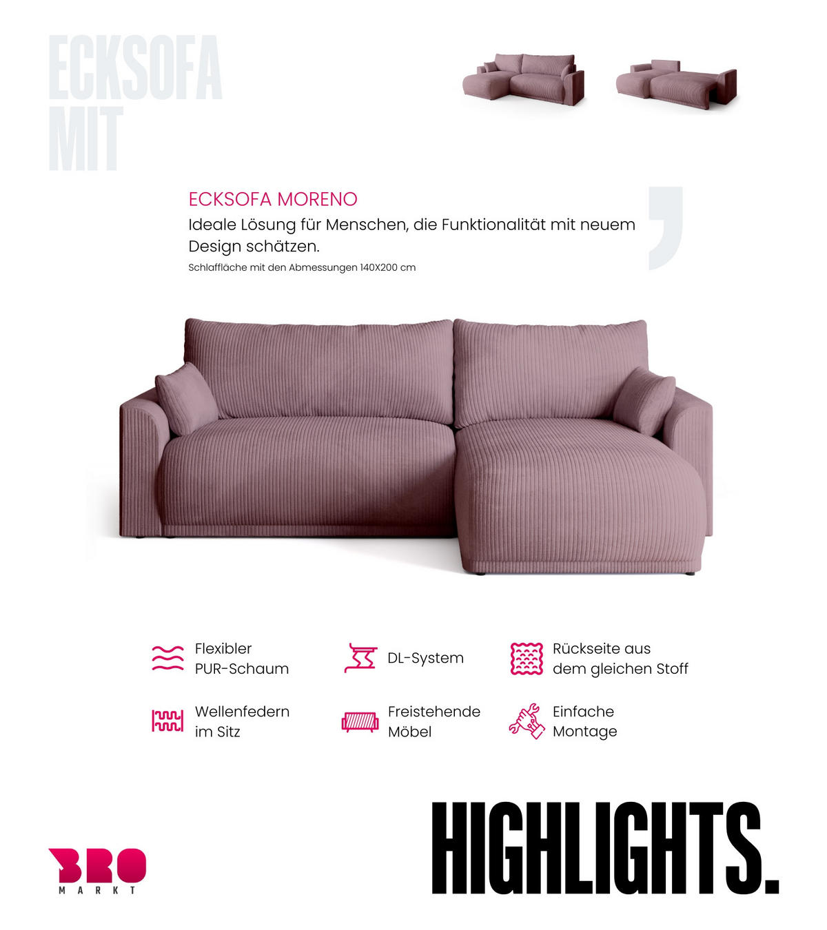 ECKSOFA MORENO mit Schlaffunktion Puderrosa Cord - Pink, Textil (262/160cm) - Bromarkt