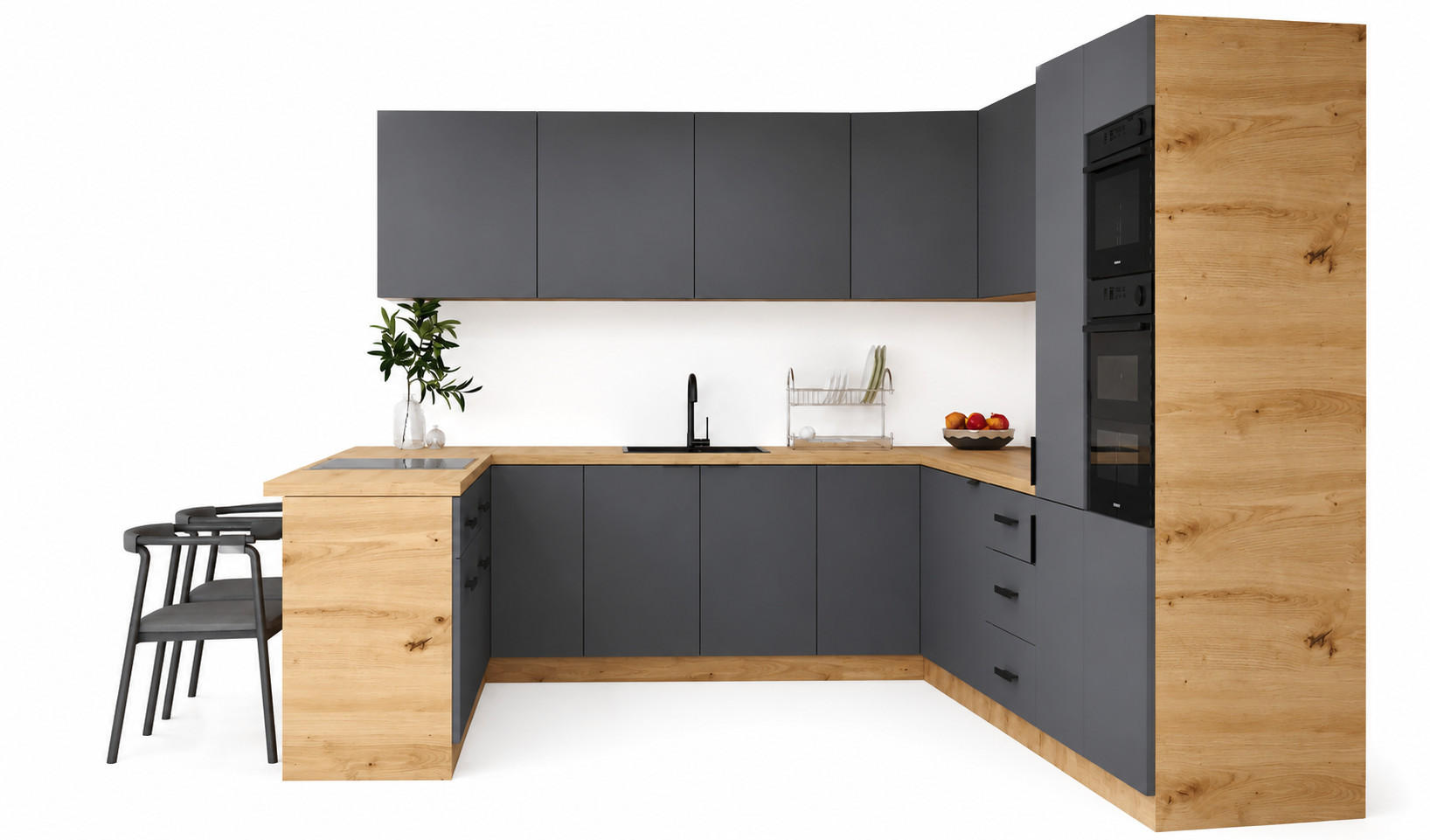 ECKKÜCHE 390 × 260 × 210 cm – Nexa K106-G860 – in Grau / Matt - Schwarz/Grau, Holz/Metall (390/212/58cm) - ROYAL24_MARKT
