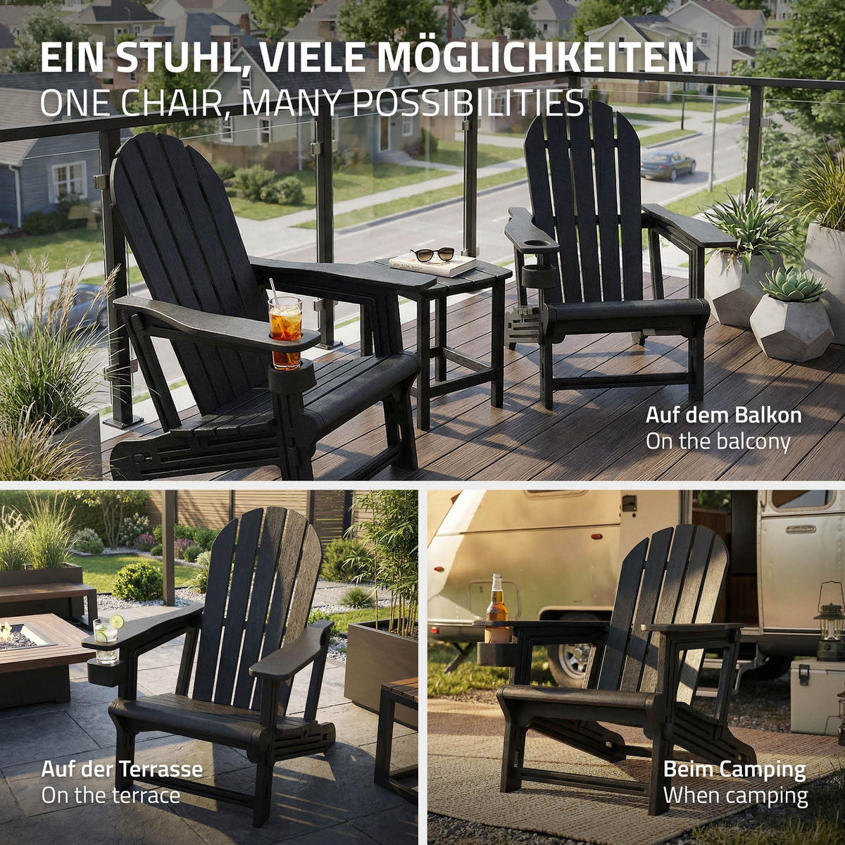 ADIRONDACK LEŽÁK s držákem na nápoje, černý, z plastu - černá, plast (54.5/91/76cm) - ML-DESIGN
