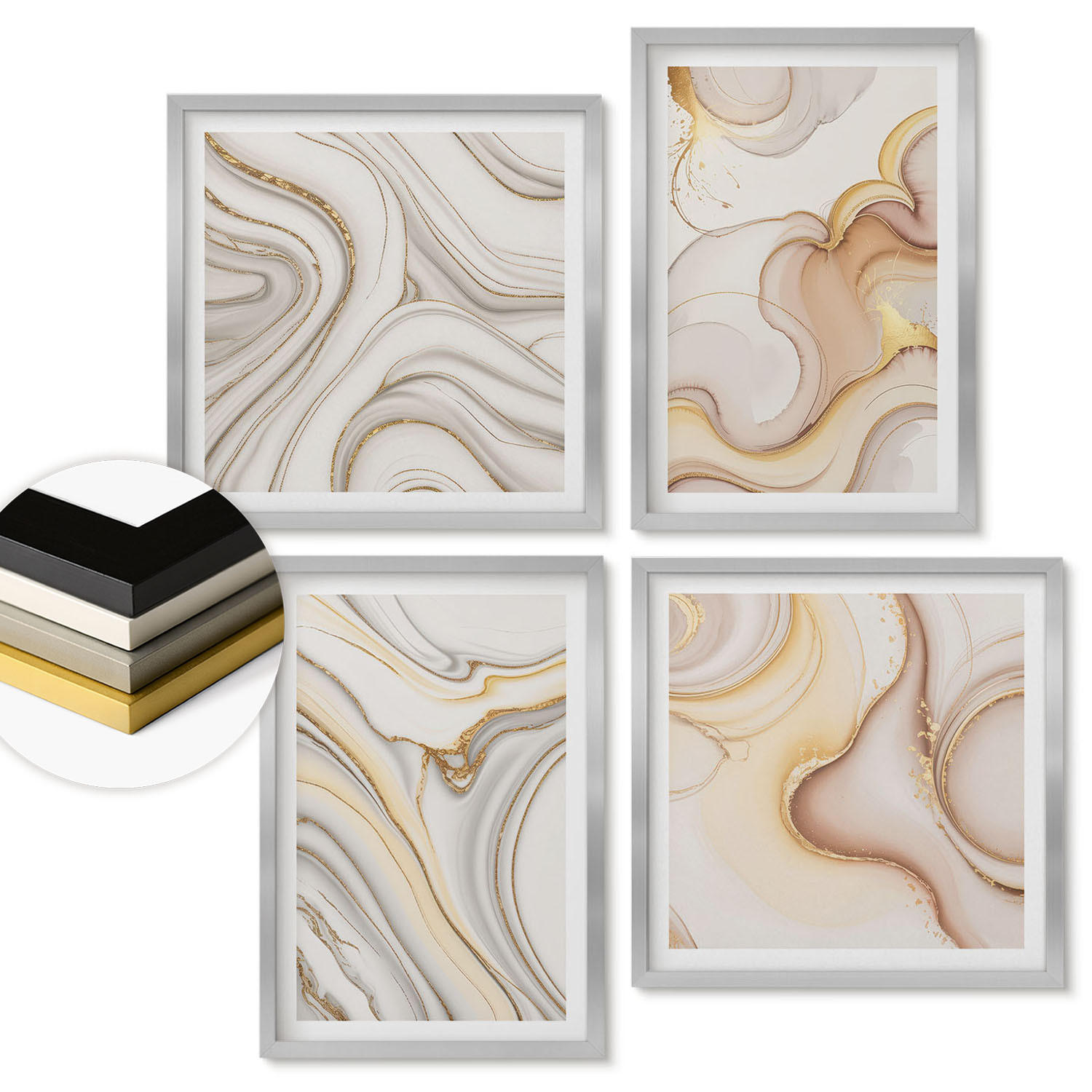 WANDBILDER 4er Set - 50x50 cm & 40x60 cm Silberner Rahmen - Lineare abstrakte Motive - Silberfarben, Kunststoff (50/50cm) - ArtPrintCave