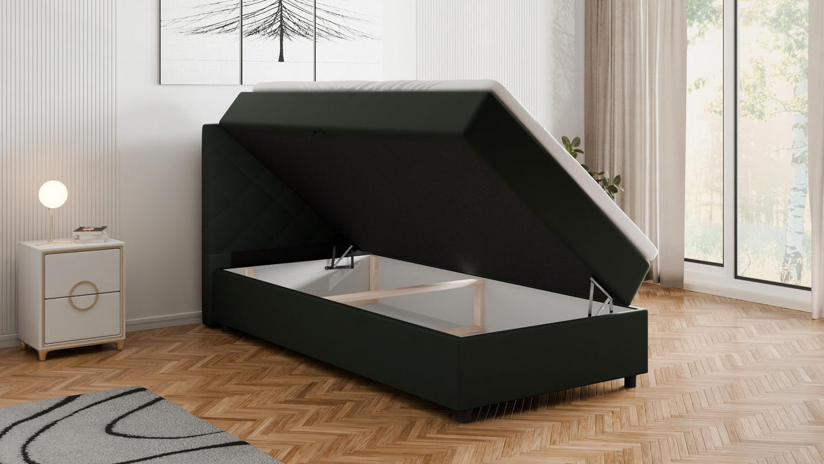 BOXBETT Diamaro 100x200 cm mit Bettkasten und Topper - Dunkelgrün - Grün, Holz (100/200cm) - Homesy