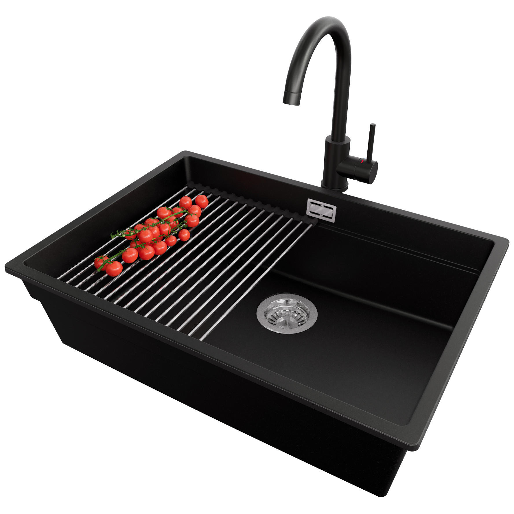 GRANITSPÜLE Praga Slim, 2-er set Schwarz 66/47 cm 1 Becken + Küchenarmatur 32/20 cm + Ablauf-Set + Aufrollbare Abtropffläche ab 70er Unterschrank - Chromfarben/Schwarz, Kunststoff (66/20/47cm) - Primagran