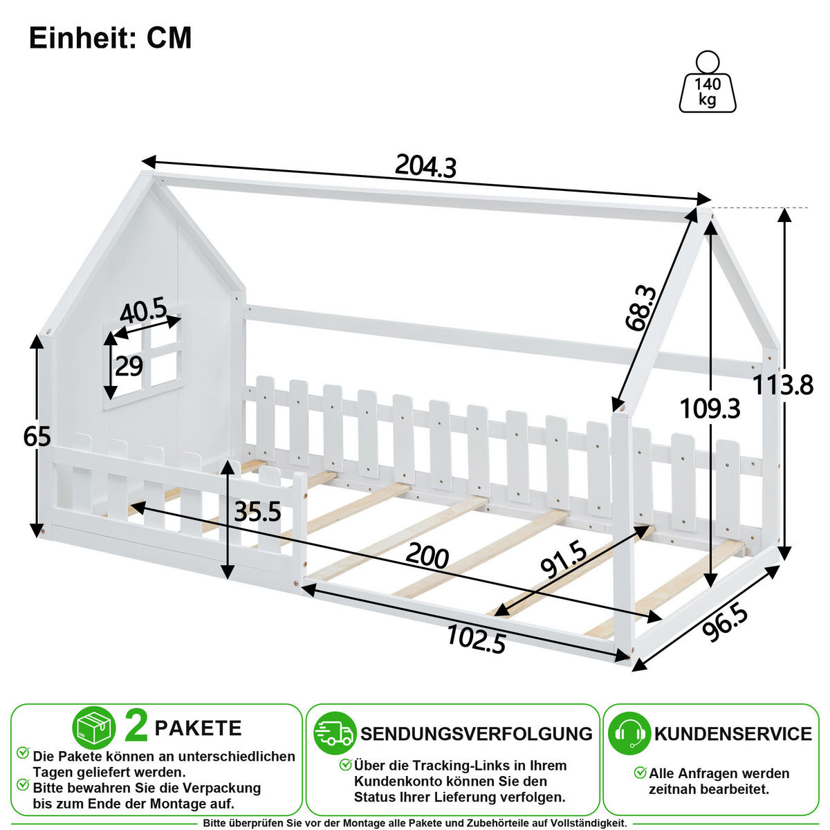 KINDERBETT 90/200 cm in Weiß in Hausform aus Kiefer und MDF - Weiß, Holz/Holzwerkstoff (90/200cm) - CHICFURN