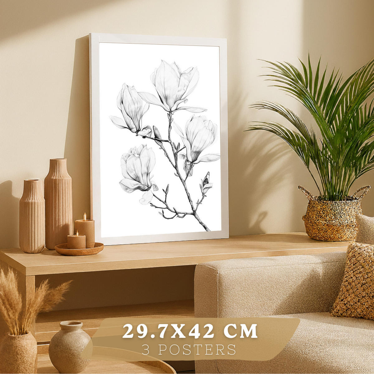 PLAKAT Sada 3 obrázků květin. Dekorativní nástěnné tisky Květiny tužkou. botanický plakát na zeď. Noridco květinové malby.Velikost A3 Bílý rám - bílá, papír (29.7/42/3cm)