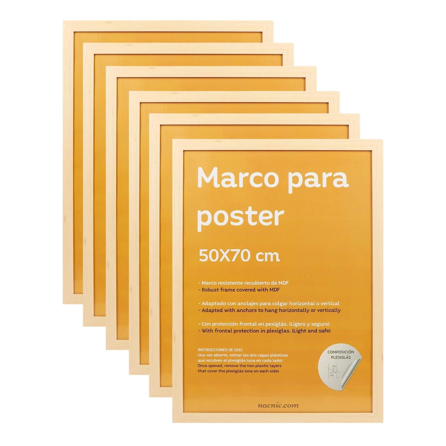 RAHMEN Set mit 6 aus MDF und Acrylglas Schutz und Aussteller für Fotografien, Bilder, Poster, Gemälde, Dekoration für Haus Farbe Hellholz 50X70 cm - Beige, Holz (50/3/70cm) - Nacnic
