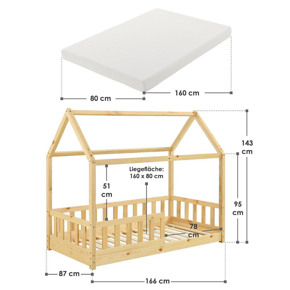 KINDERBETT Marli mit Matratze natur 80x160 cm - Naturfarben, Holzwerkstoff (80/160cm) - Juskys